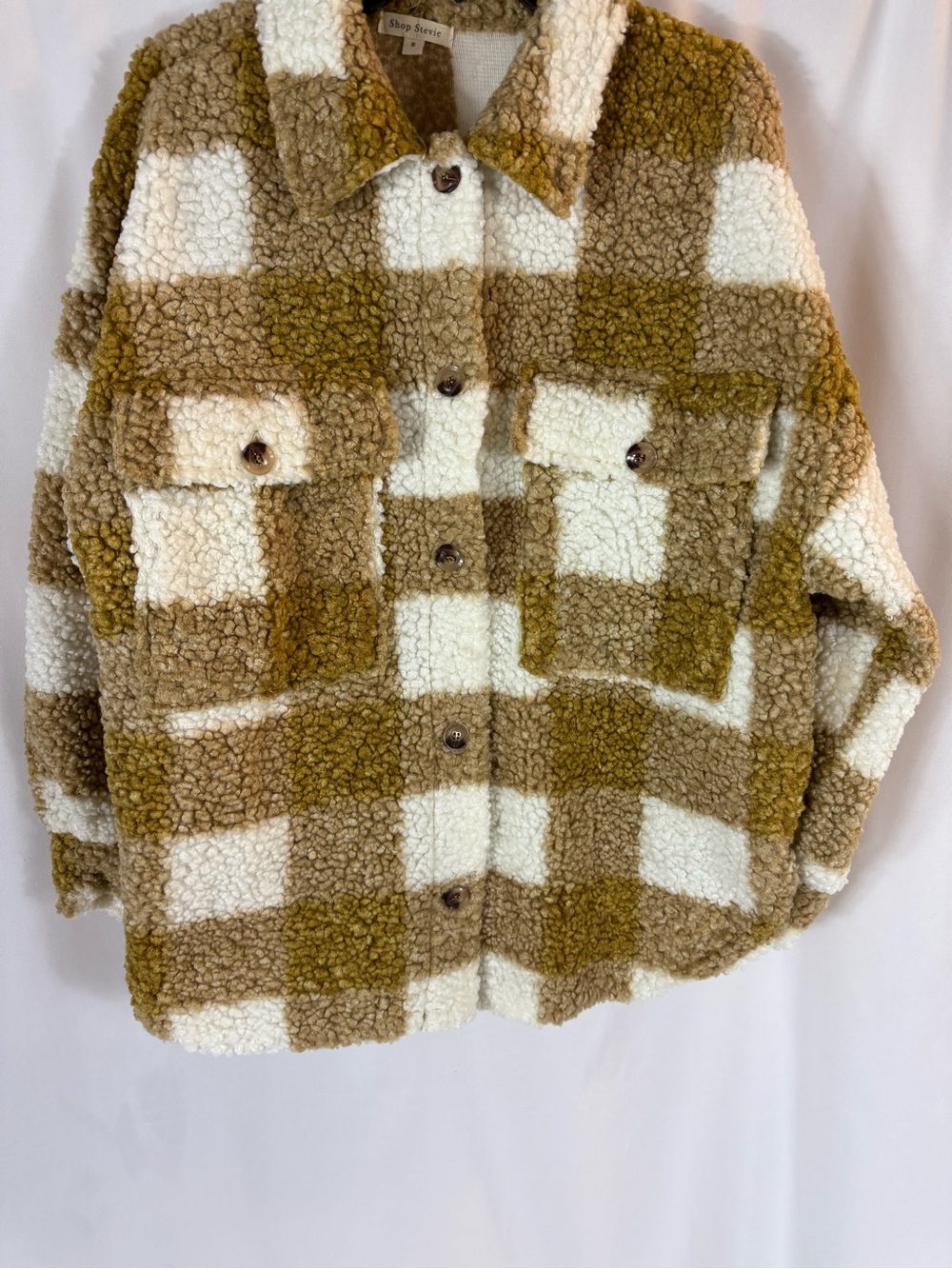 Shop Stevie Plaid Teddy Shacket in white & Tan size: S - Picture 5 of 14